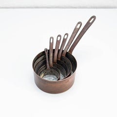 Set of Six Rustic Brass Pots With Beautiful Patina – Spain, Circa 1950