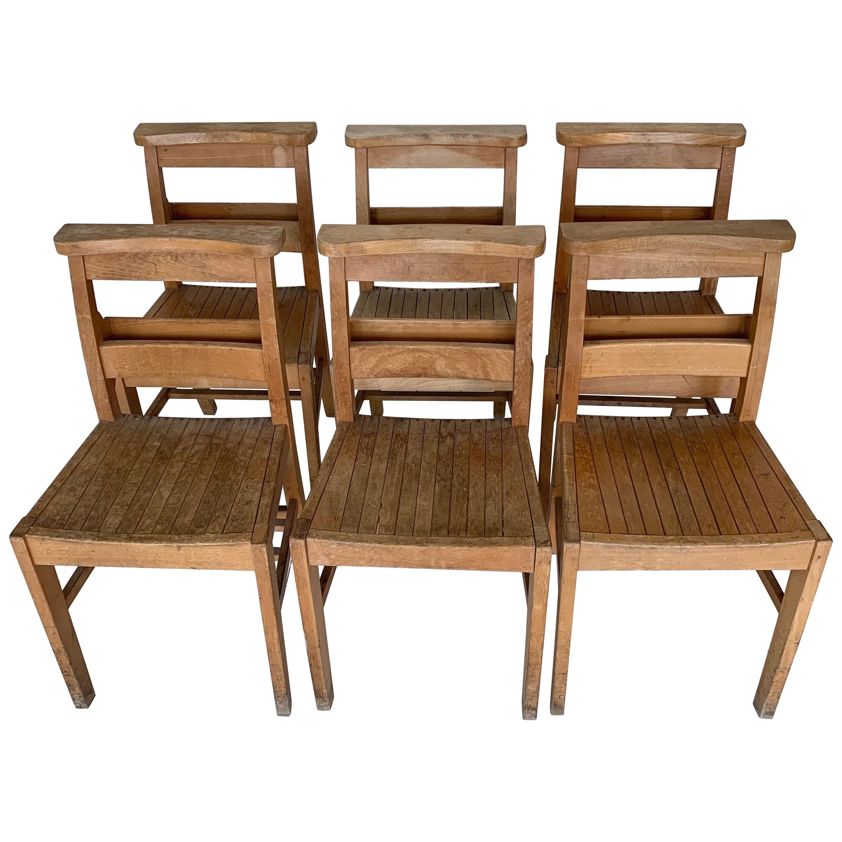 Set of Six Rustic English Hardwood Chapel Chairs For Sale