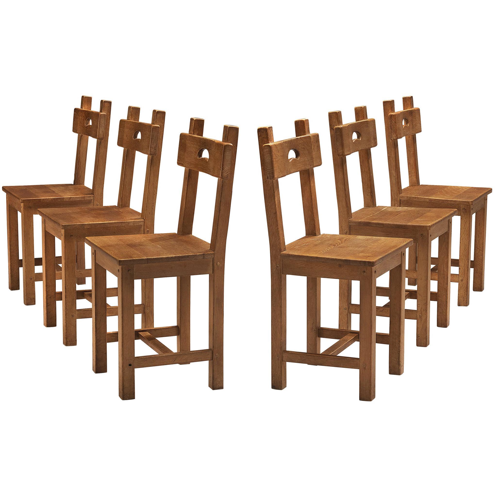 Set of Six Rustic French Dining Chairs in Oak