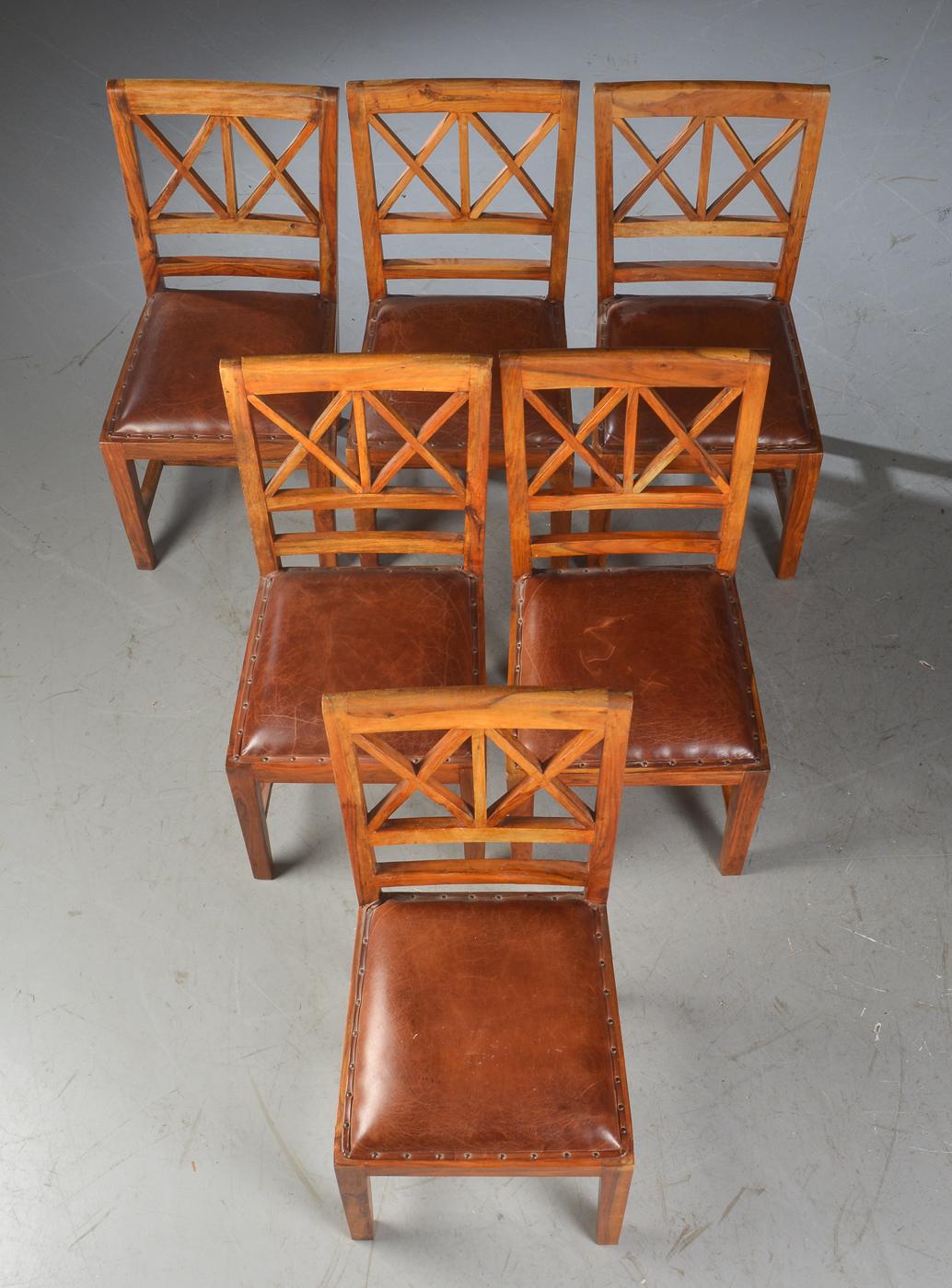 Scandinavian Modern Set of Six Rustic Hardwood Dining Chairs