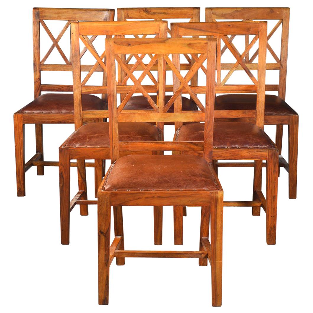 Set of Six Rustic Hardwood Dining Chairs