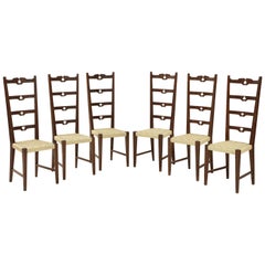 Set of Six Rustic Italian Walnut Ladder Back Chairs, Tuscany, 1960