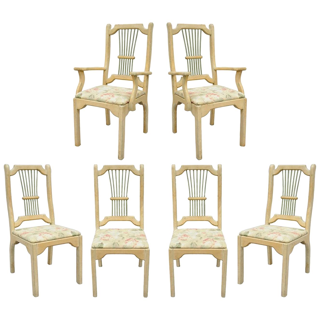 Set of Six Rustic Primitive French Country Wood Spindle Dining Chairs Cabin Vtg