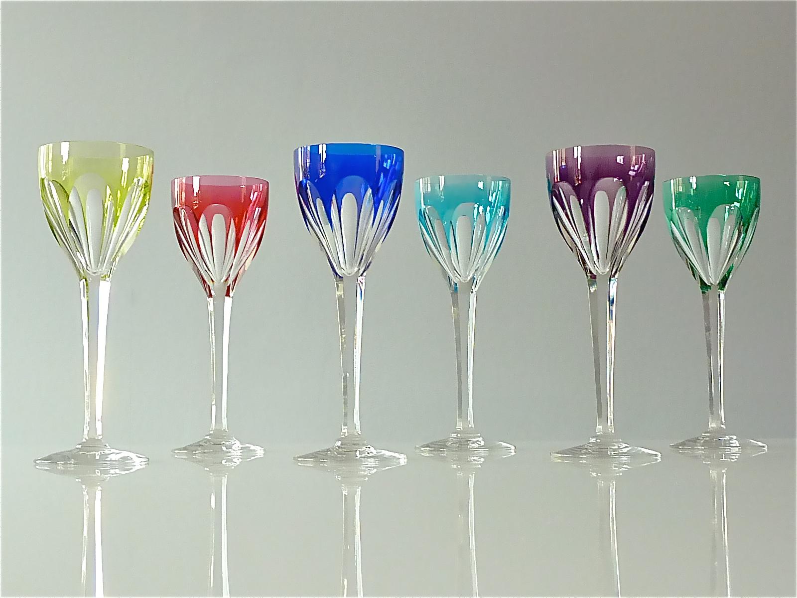 Mid-Century Modern Set of Six Saint Louis Crystal Cut Wine Glasses Stemware Moser Baccarat Style