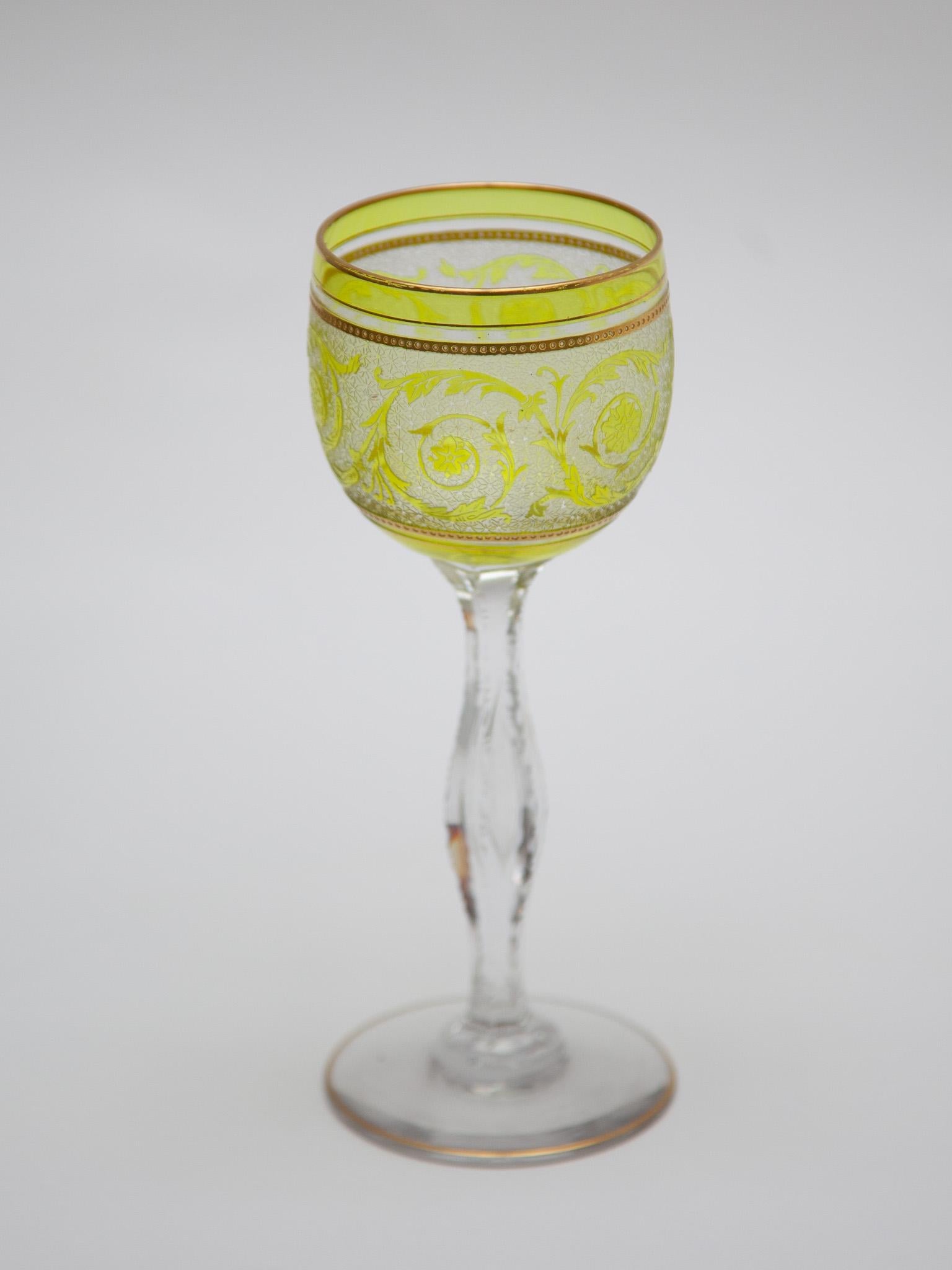 Art Nouveau Set of Six Saint-Louis, Thistle engraving Green Wine Glasses, 1910, France For Sale