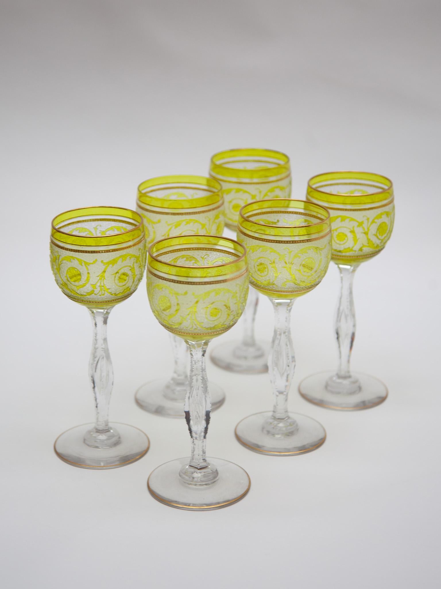 Early 20th Century Set of Six Saint-Louis, Thistle engraving Green Wine Glasses, 1910, France For Sale