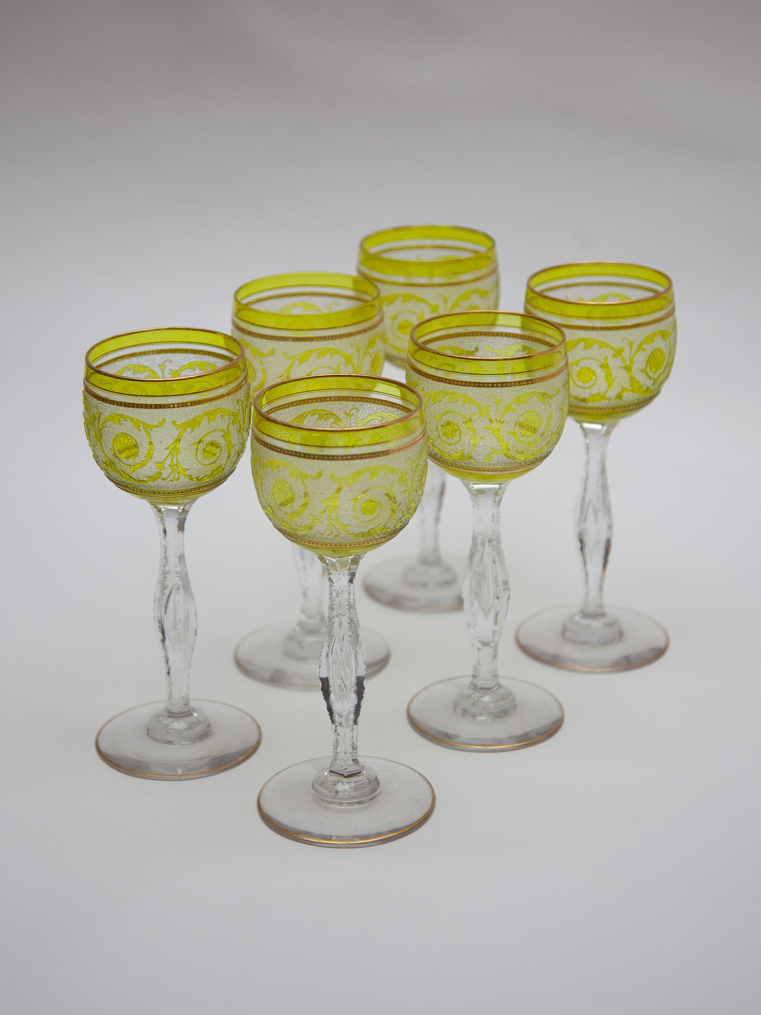 Blown Glass Set of Six Saint-Louis, Thistle engraving Green Wine Glasses, 1910, France For Sale