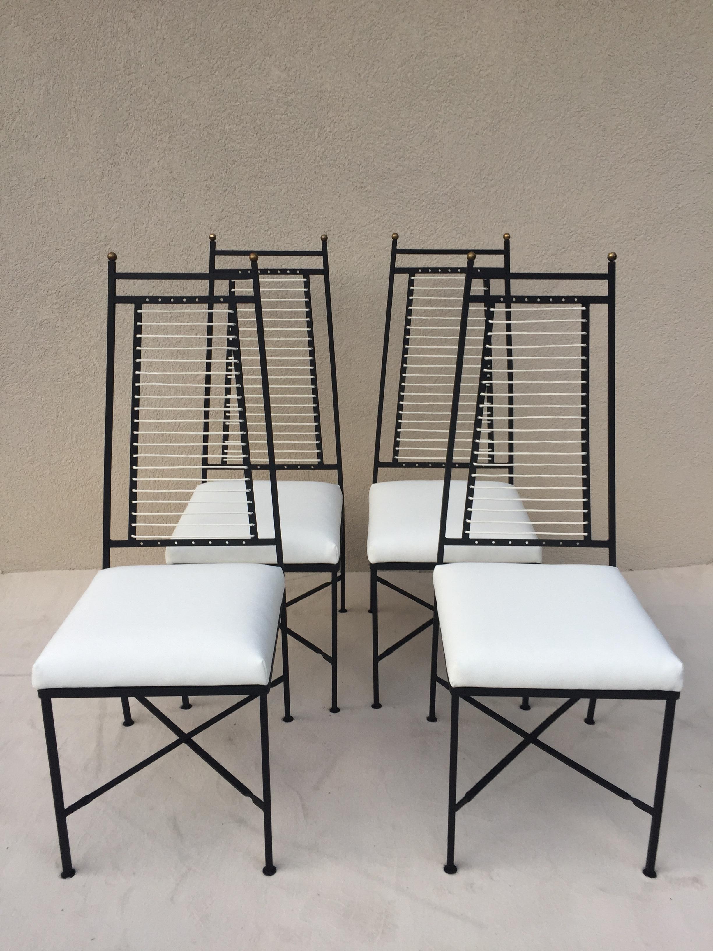 Mid-Century Modern Set of Six Salterini High Back Iron Bronze Top White Cord Dining Chairs