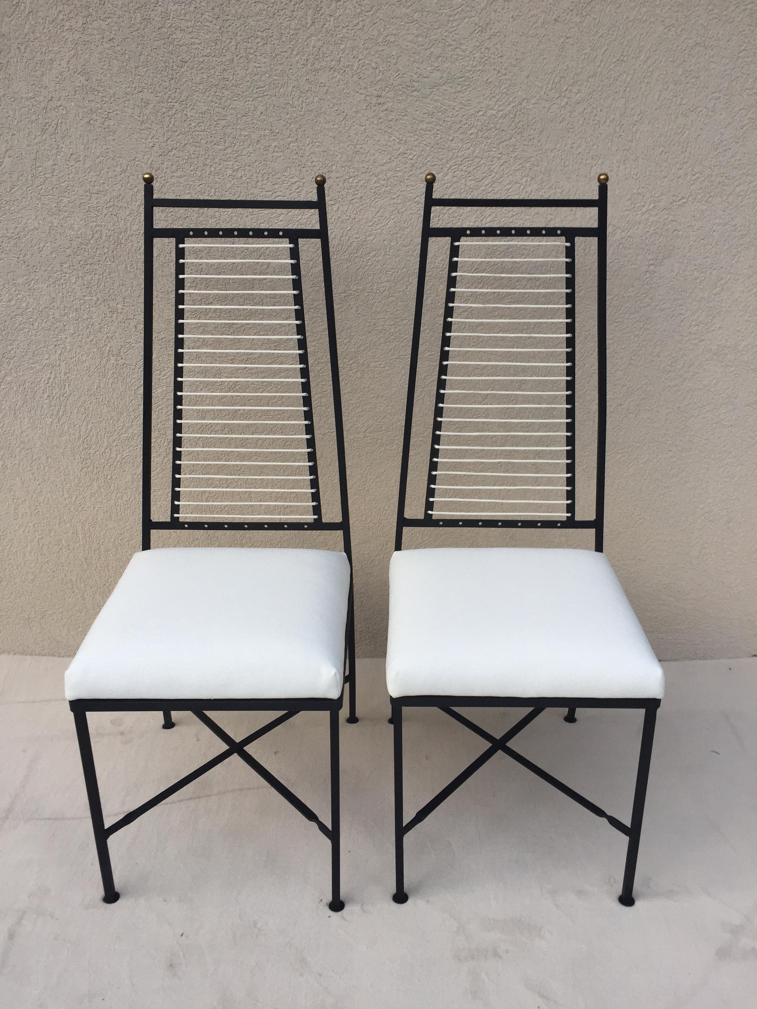 Italian Set of Six Salterini High Back Iron Bronze Top White Cord Dining Chairs