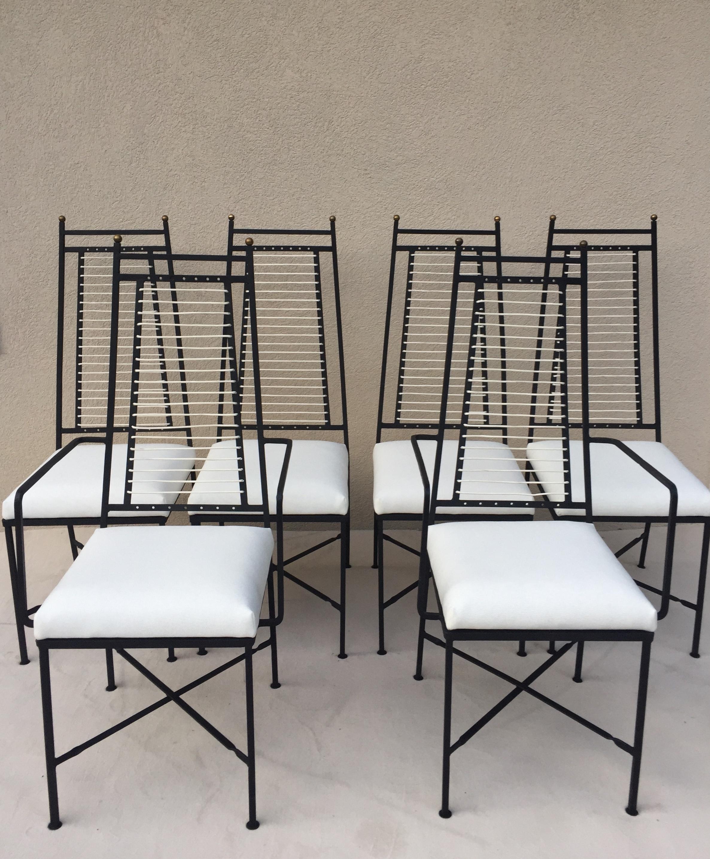 Set of Six Salterini High Back Iron Bronze Top White Cord Dining Chairs 2