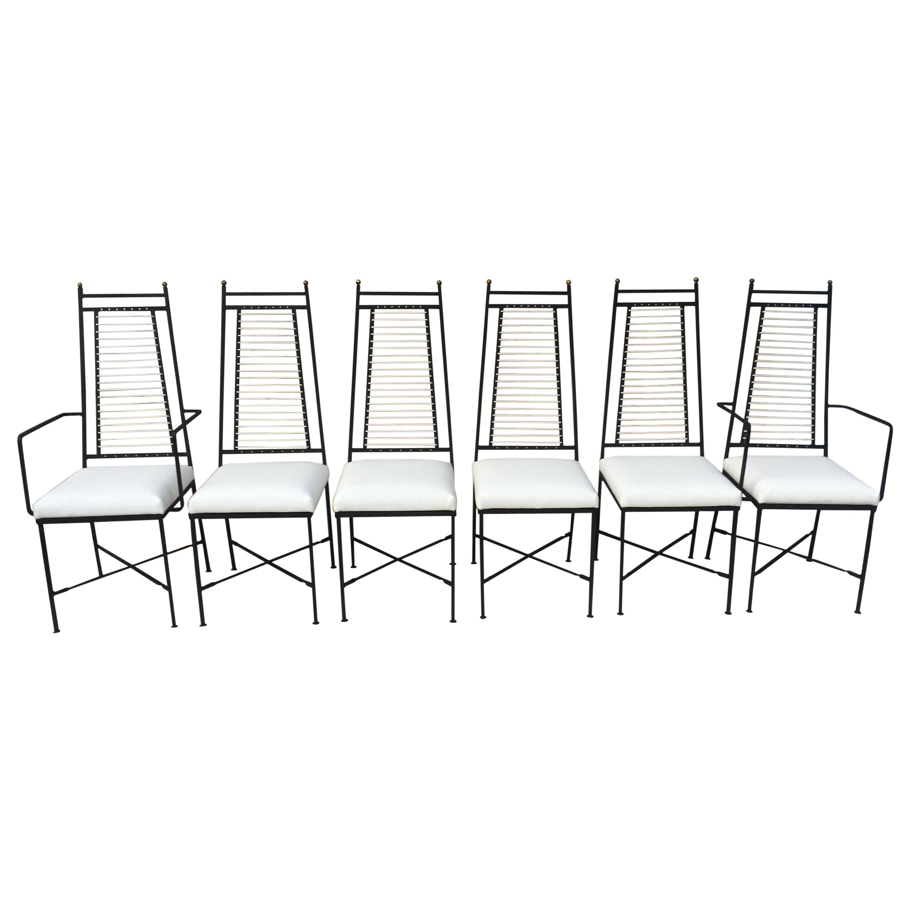 Set of Six Salterini High Back Iron Bronze Top White Cord Dining Chairs