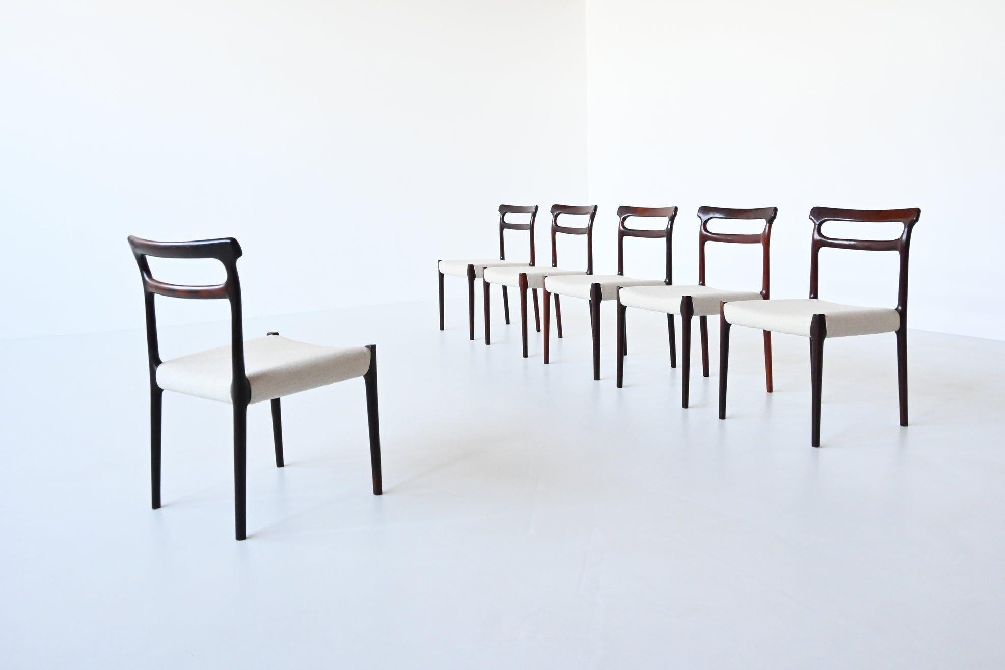 Mid-Century Modern Set of Six Scandinavian Dining Chairs Rosewood, Denmark, 1960