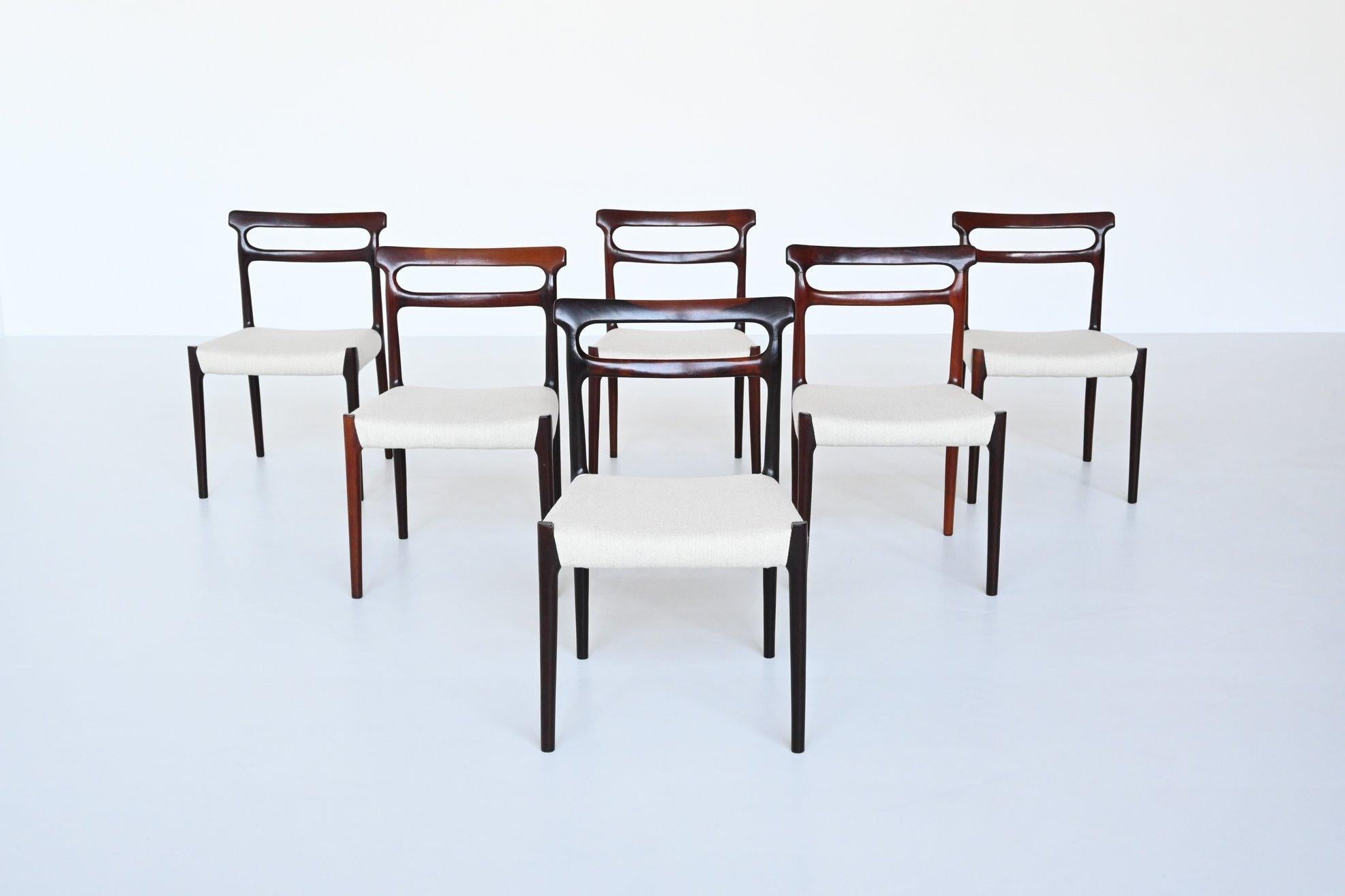 Danish Set of Six Scandinavian Dining Chairs Rosewood, Denmark, 1960