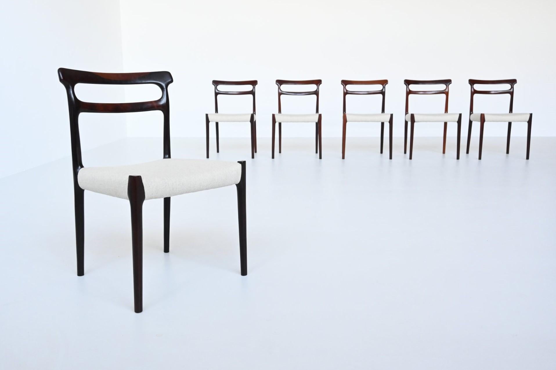 Fabric Set of Six Scandinavian Dining Chairs Rosewood, Denmark, 1960