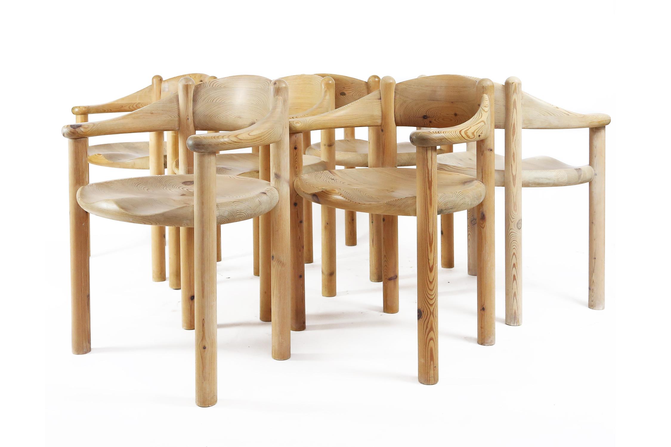 Wonderful set of six very sculptural dining room chairs in pine wood by Swedish designer Rainer Daumiller, manufactured by Hirtshals Savaerk in Denmark. Notice the beautifully carved organic lines of the seats and the general natural feel of the