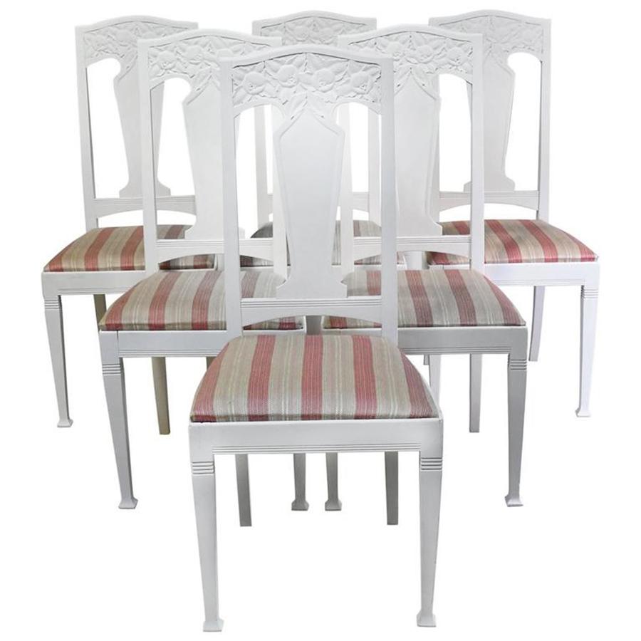 Set of Six Scandinavian Jugendstil Dining Chairs with Upholstered Seats For Sale