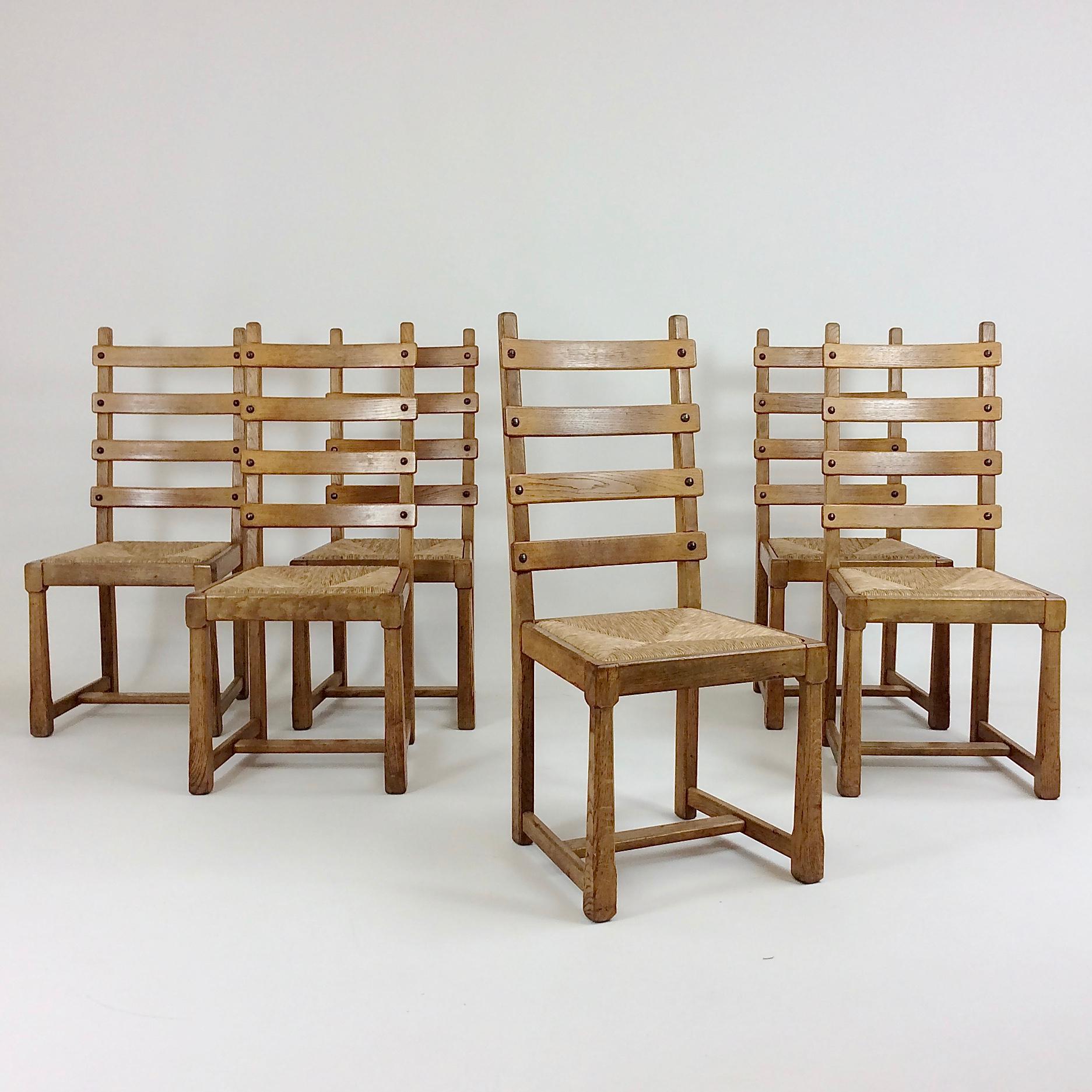 Set of Six Scandinavian Midcentury Oak and Straw Chairs, circa 1950 10