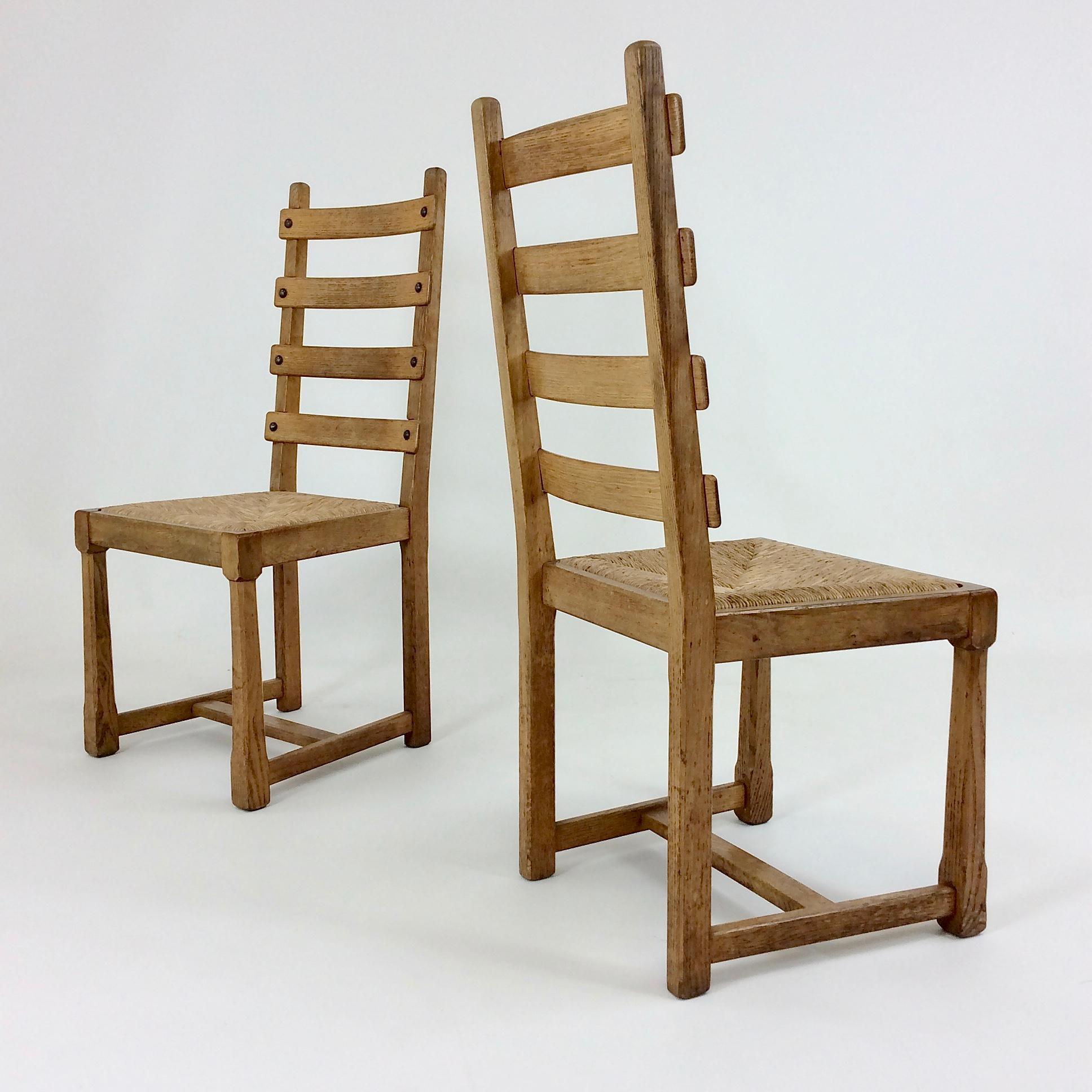 Scandinavian Modern Set of Six Scandinavian Midcentury Oak and Straw Chairs, circa 1950