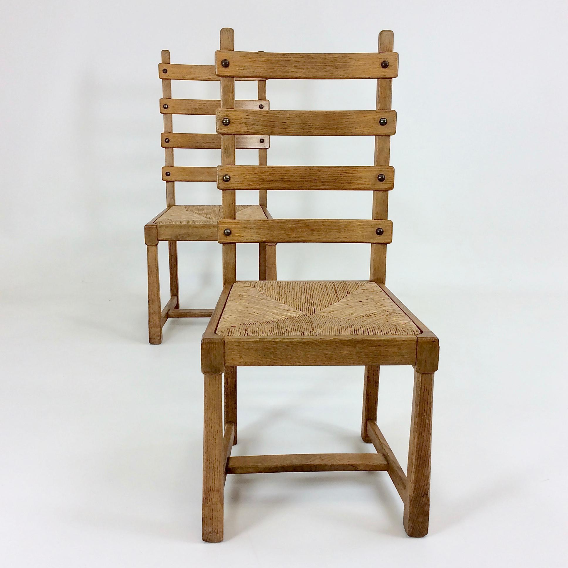 Set of Six Scandinavian Midcentury Oak and Straw Chairs, circa 1950 1