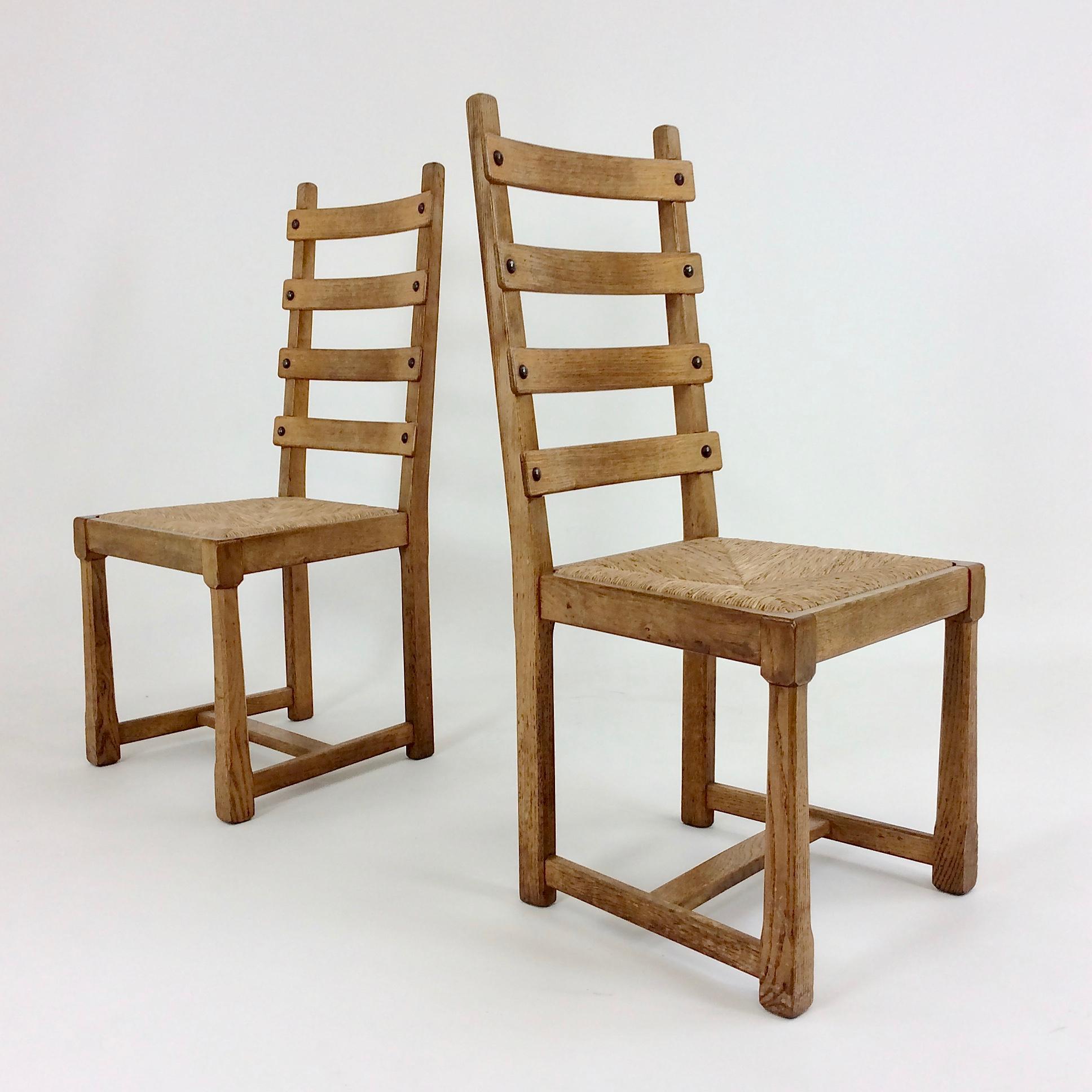 Set of Six Scandinavian Midcentury Oak and Straw Chairs, circa 1950 2
