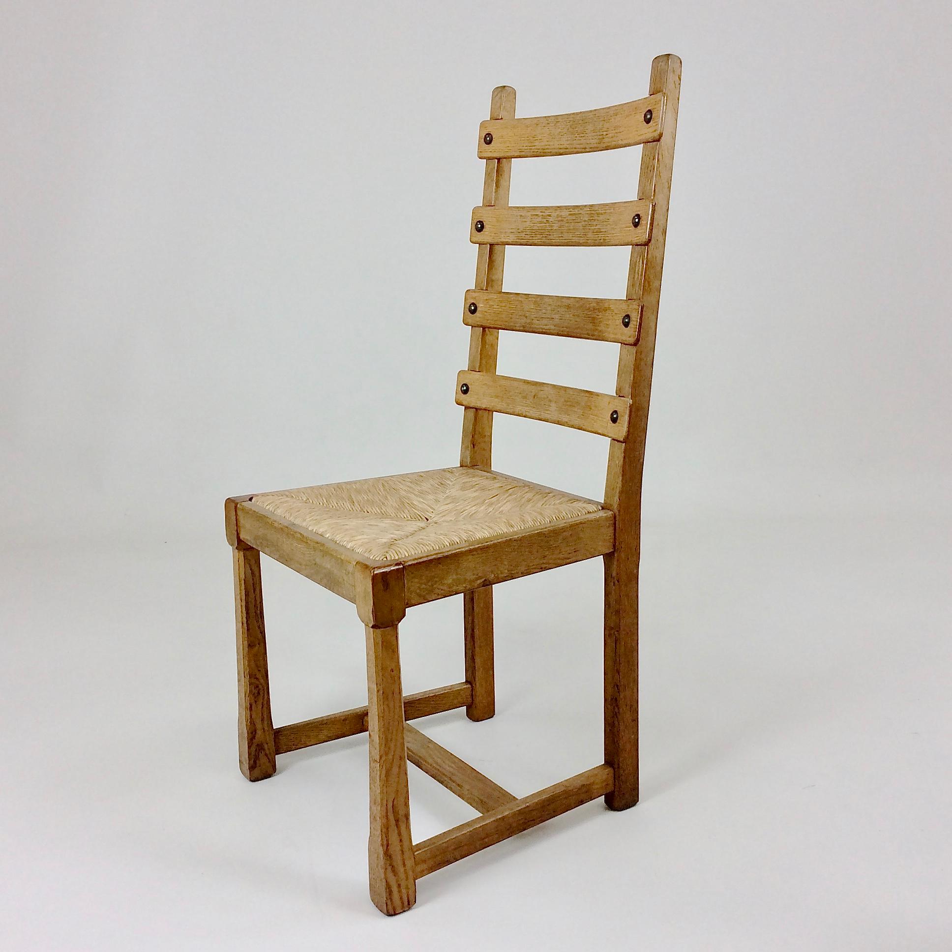 Set of Six Scandinavian Midcentury Oak and Straw Chairs, circa 1950 4