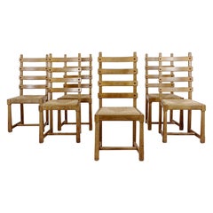 Set of Six Scandinavian Midcentury Oak and Straw Chairs, circa 1950