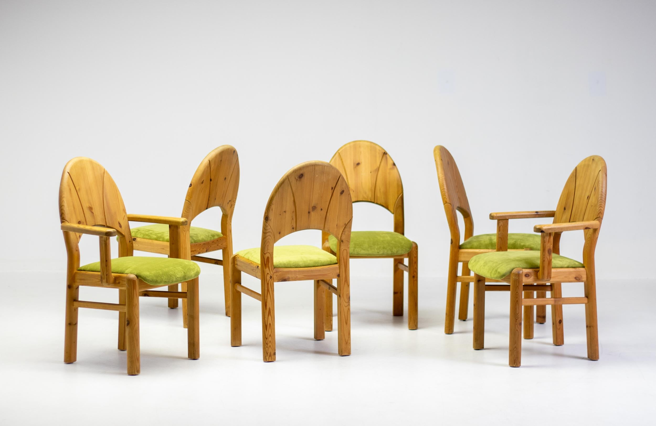 Set of Six Scandinavian Moss and Pine Dining Chairs For Sale 7