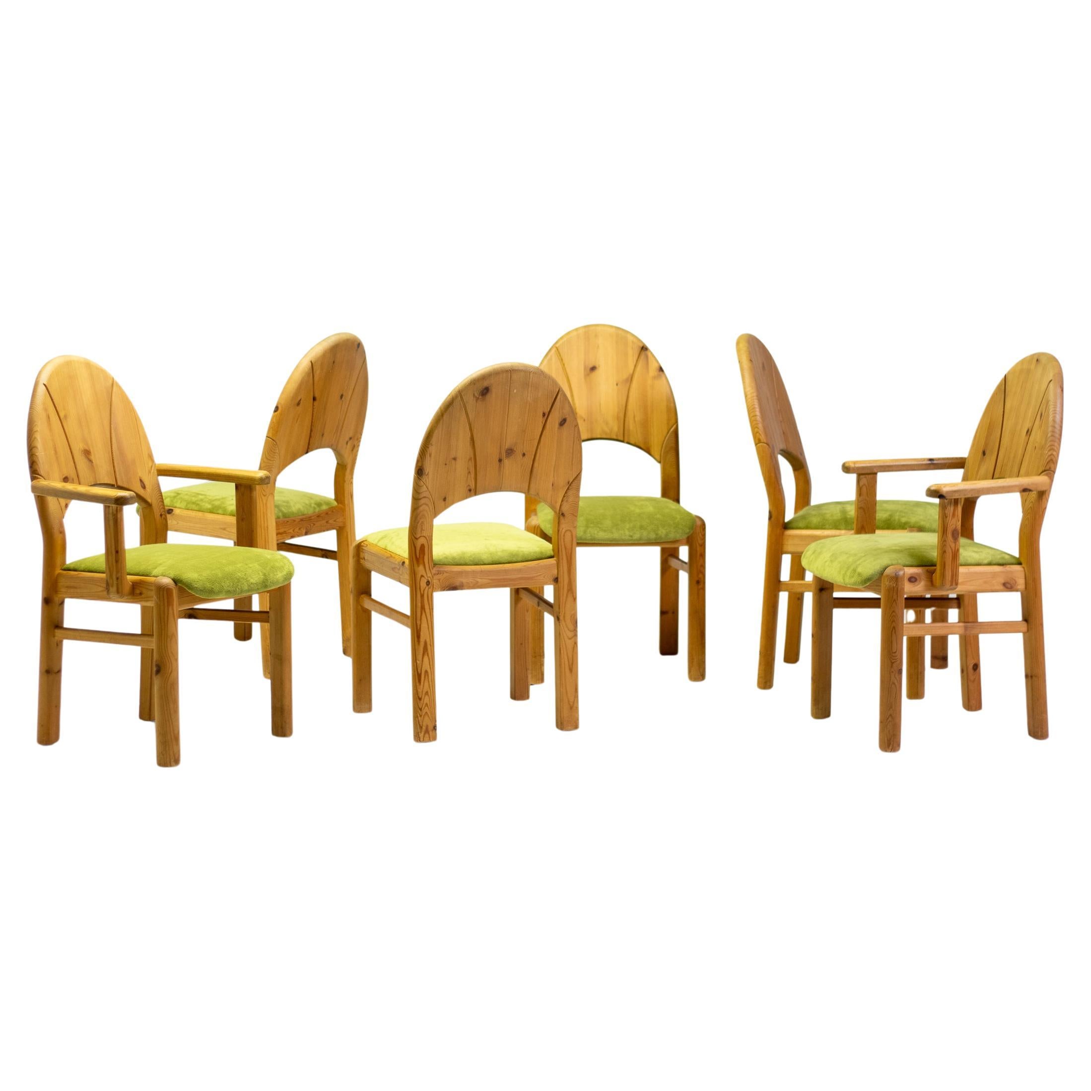 Set of Six Scandinavian Moss and Pine Dining Chairs