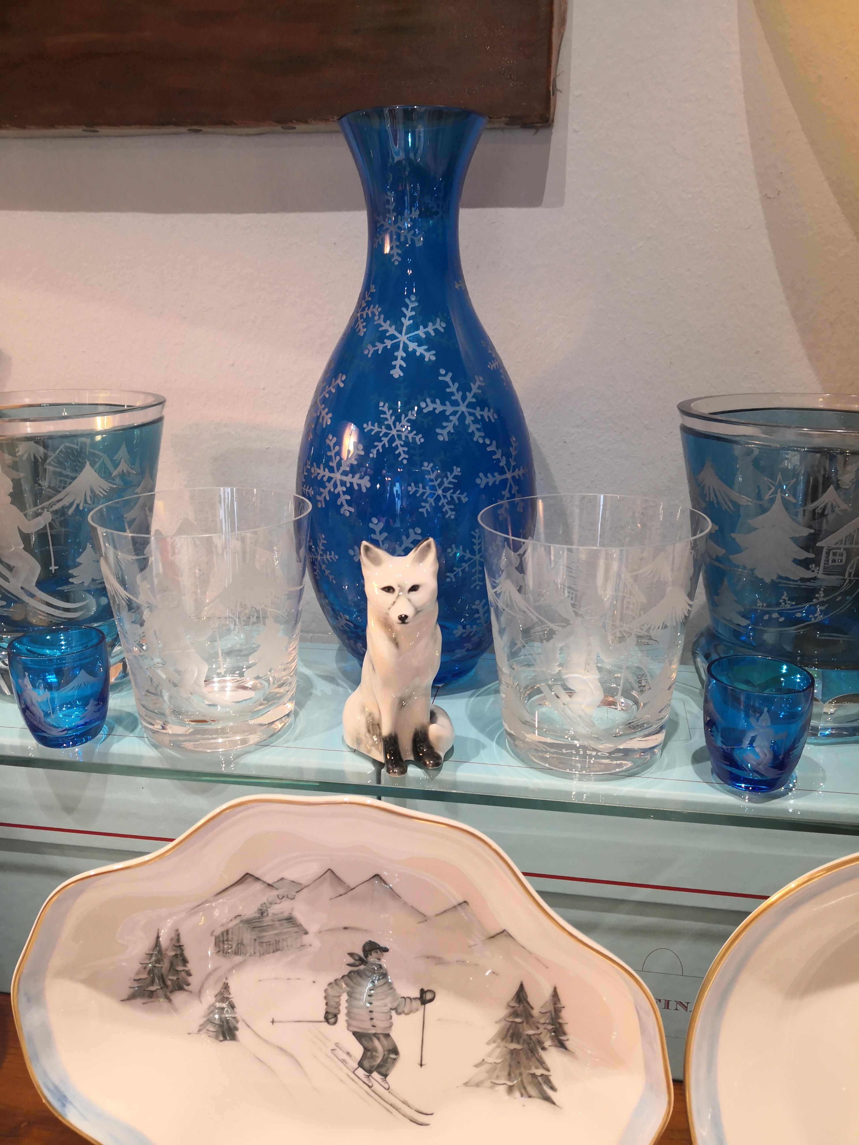 Hand-Crafted Set of Six Schnapps Glasses Blue with Skier Decor Sofina Boutique Kitzbuehel