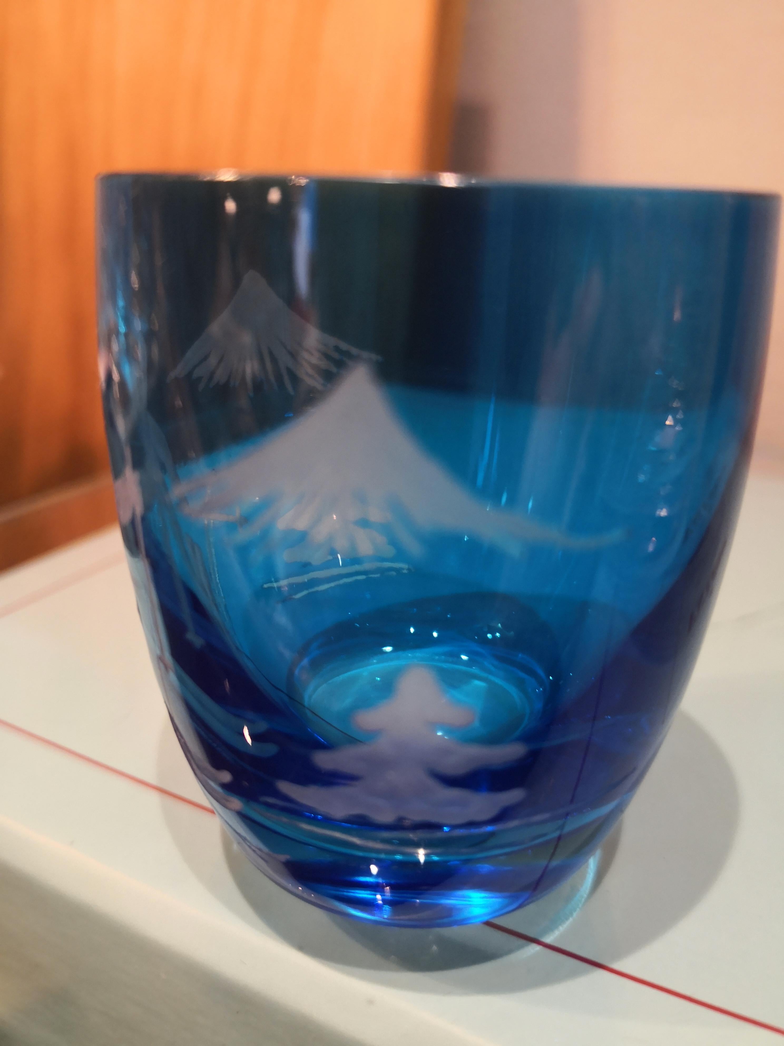 Hand-Crafted Set of Six Schnapps Glasses Blue with Skier Decor Sofina Boutique Kitzbuehel For Sale