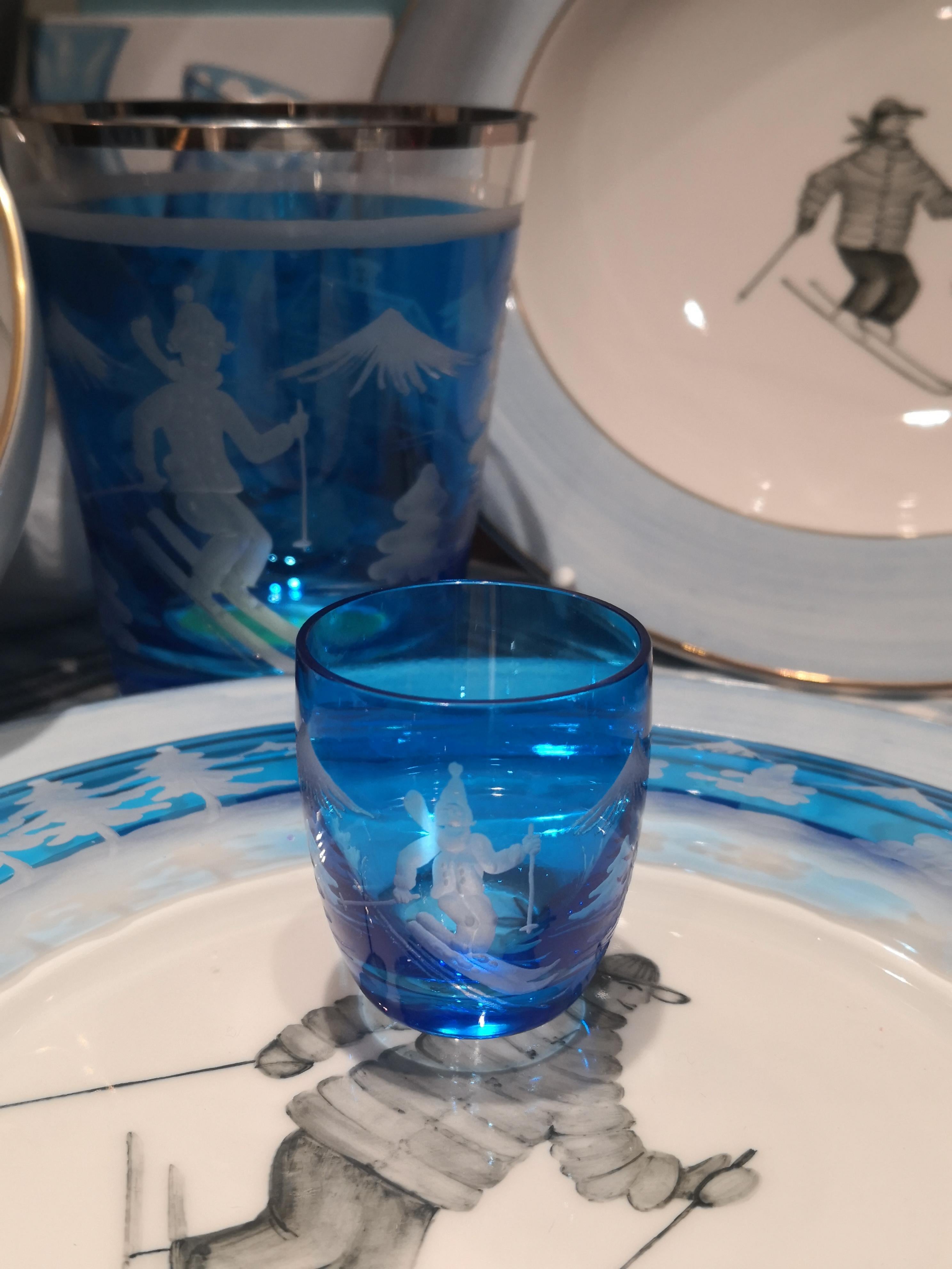 Set of Six Schnapps Glasses Blue with Skier Decor Sofina Boutique Kitzbuehel In New Condition For Sale In Kitzbuhel, AT