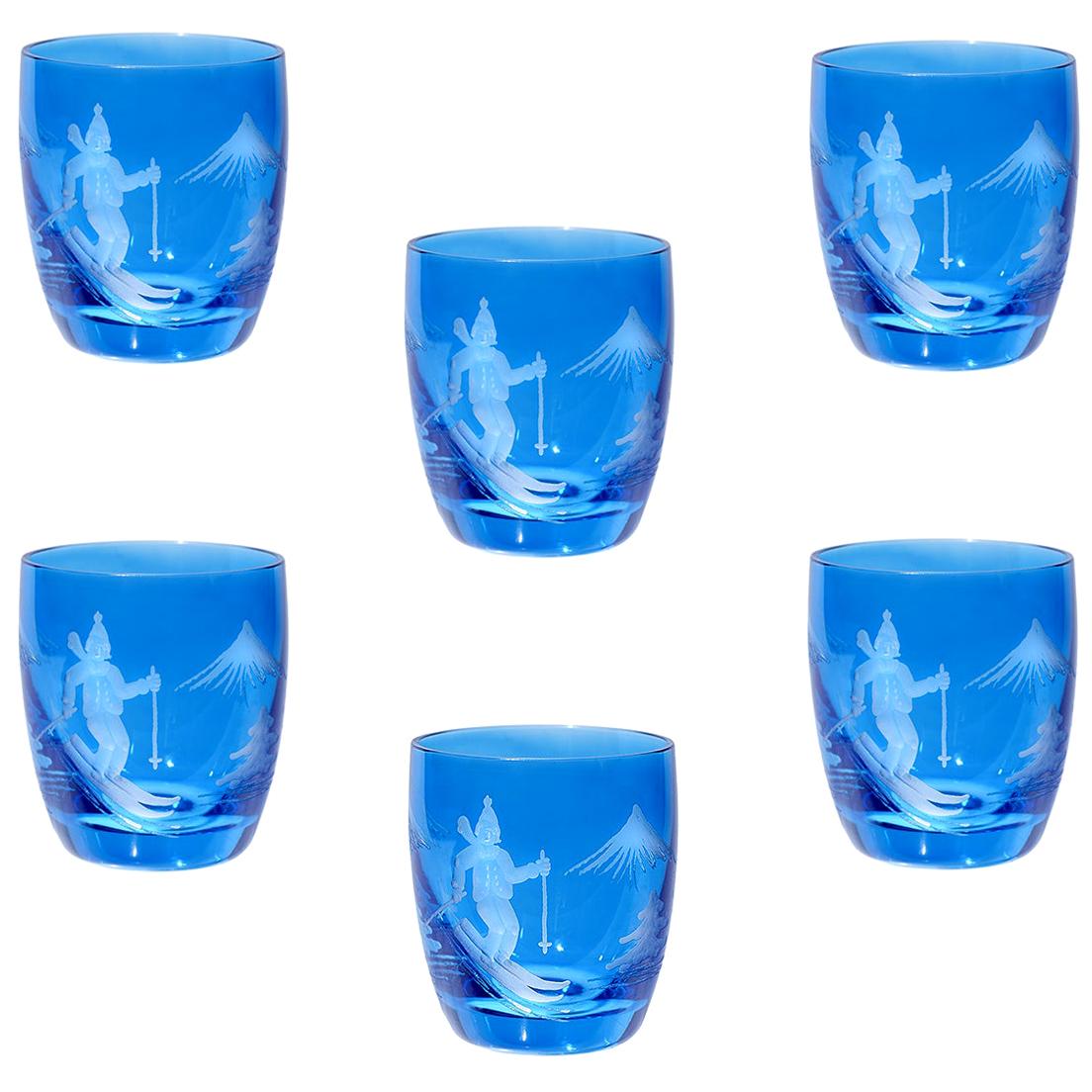 Set of Six Schnapps Glasses Blue with Skier Decor Sofina Boutique Kitzbuehel