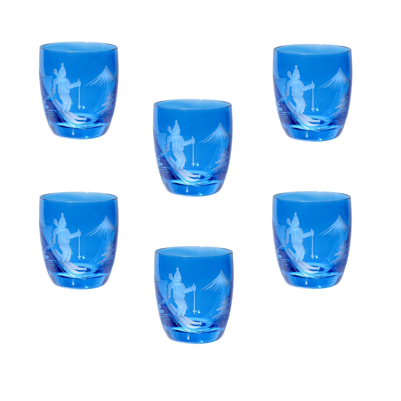 Set of Six Schnapps Glasses Blue with Skier Decor Sofina Boutique Kitzbuehel