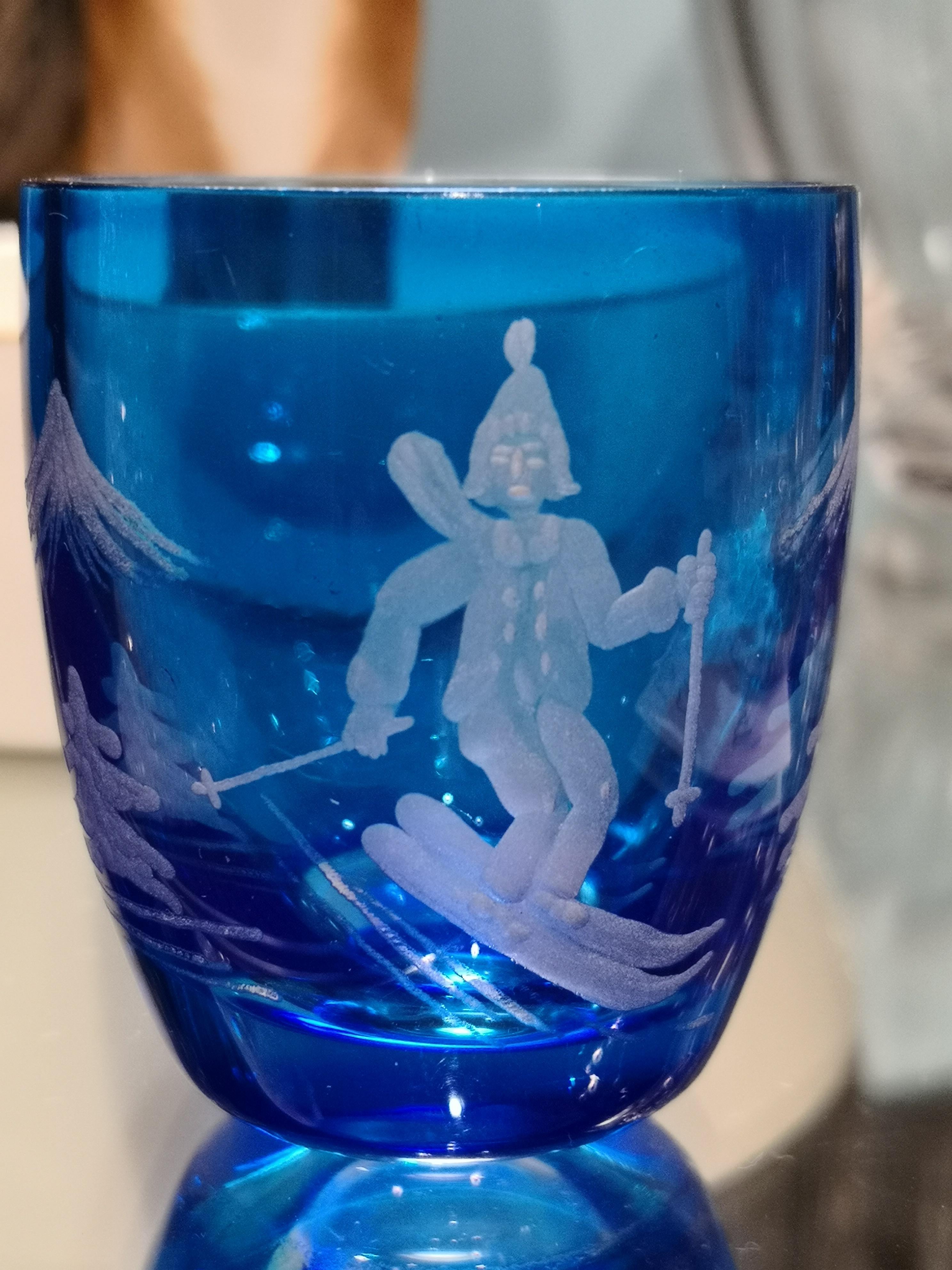 German Set of Six Schnapps Glasses Blue with Skiier Decor Sofina Boutique Kitzbuehel For Sale