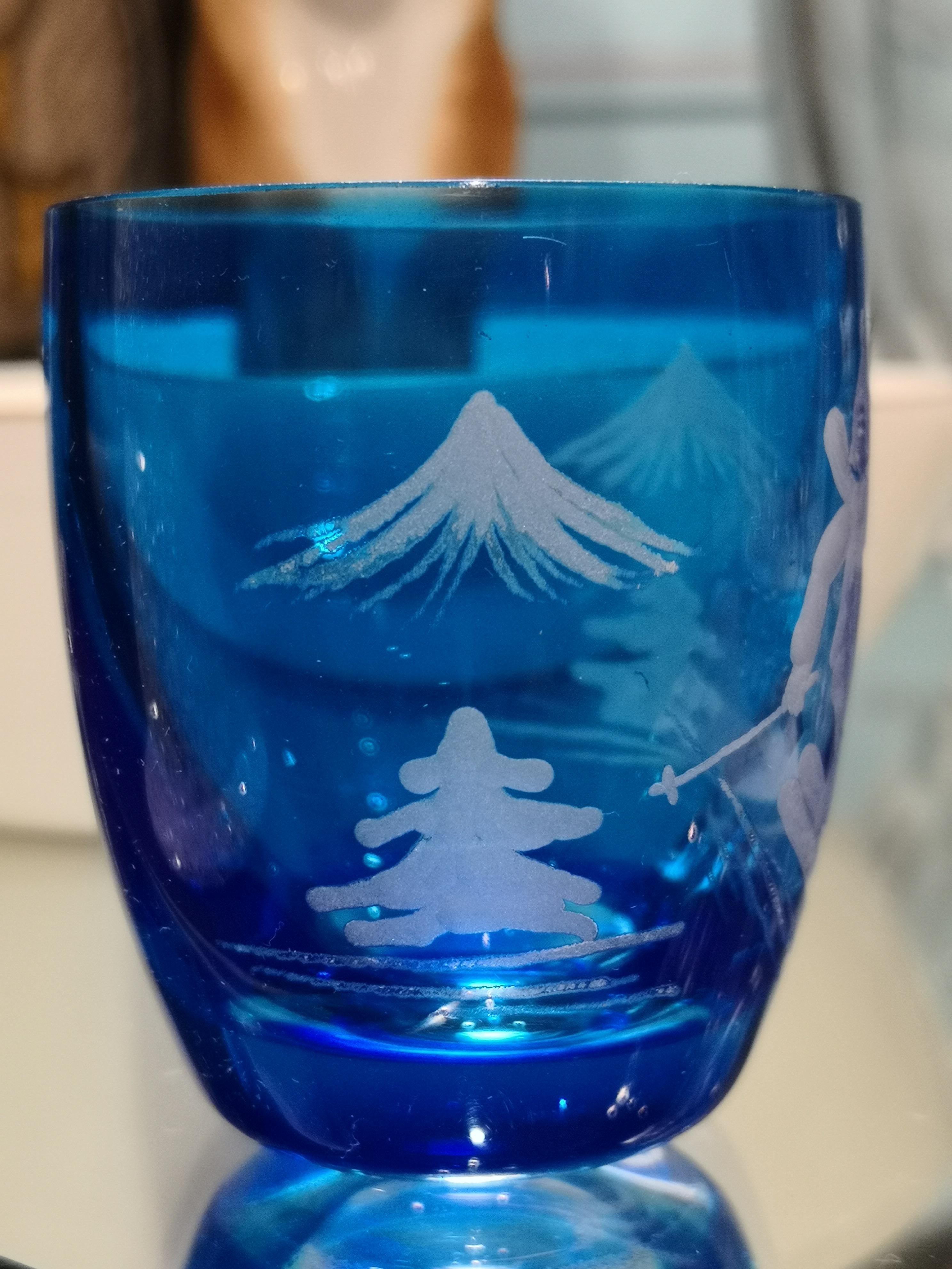 Hand-Carved Set of Six Schnapps Glasses Blue with Skiier Decor Sofina Boutique Kitzbuehel For Sale