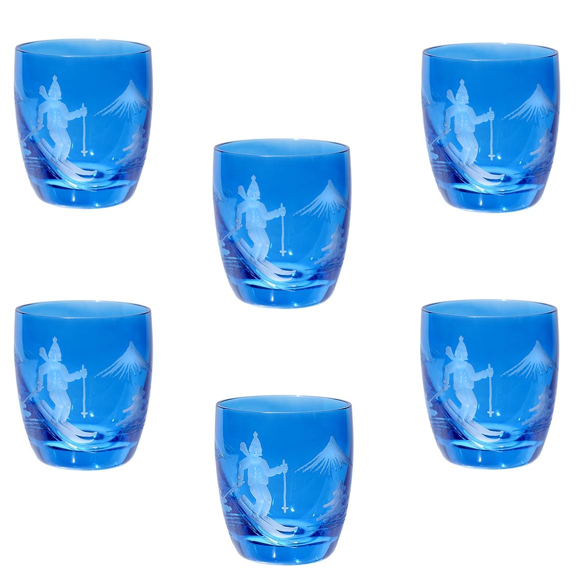 Set of Six Schnapps Glasses Blue with Skiier Decor Sofina Boutique Kitzbuehel