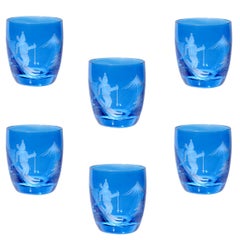 Set of Six Schnapps Glasses Blue with Skiier Decor Sofina Boutique Kitzbuehel