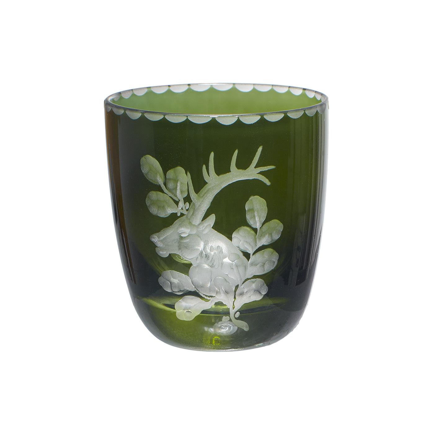 Set of six hand blown schnapps glasses in green crystal with a hand-edged hunting decor. The decor is an antique Black Forest style scene, showing a deer with leaves. Not recommended for dishwasher use.