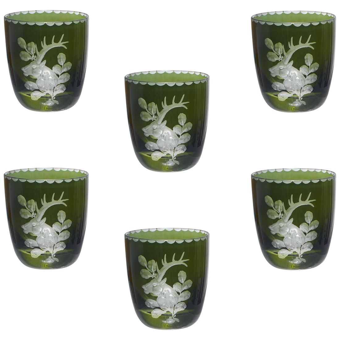 Set of Six Schnapps Glasses Green with Hunting Decor Sofina Boutique Kitzbuehel