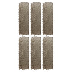 Set of Six Sconces with Thick Textured Smoky Brown Murano Glass. Italy, 1970's.