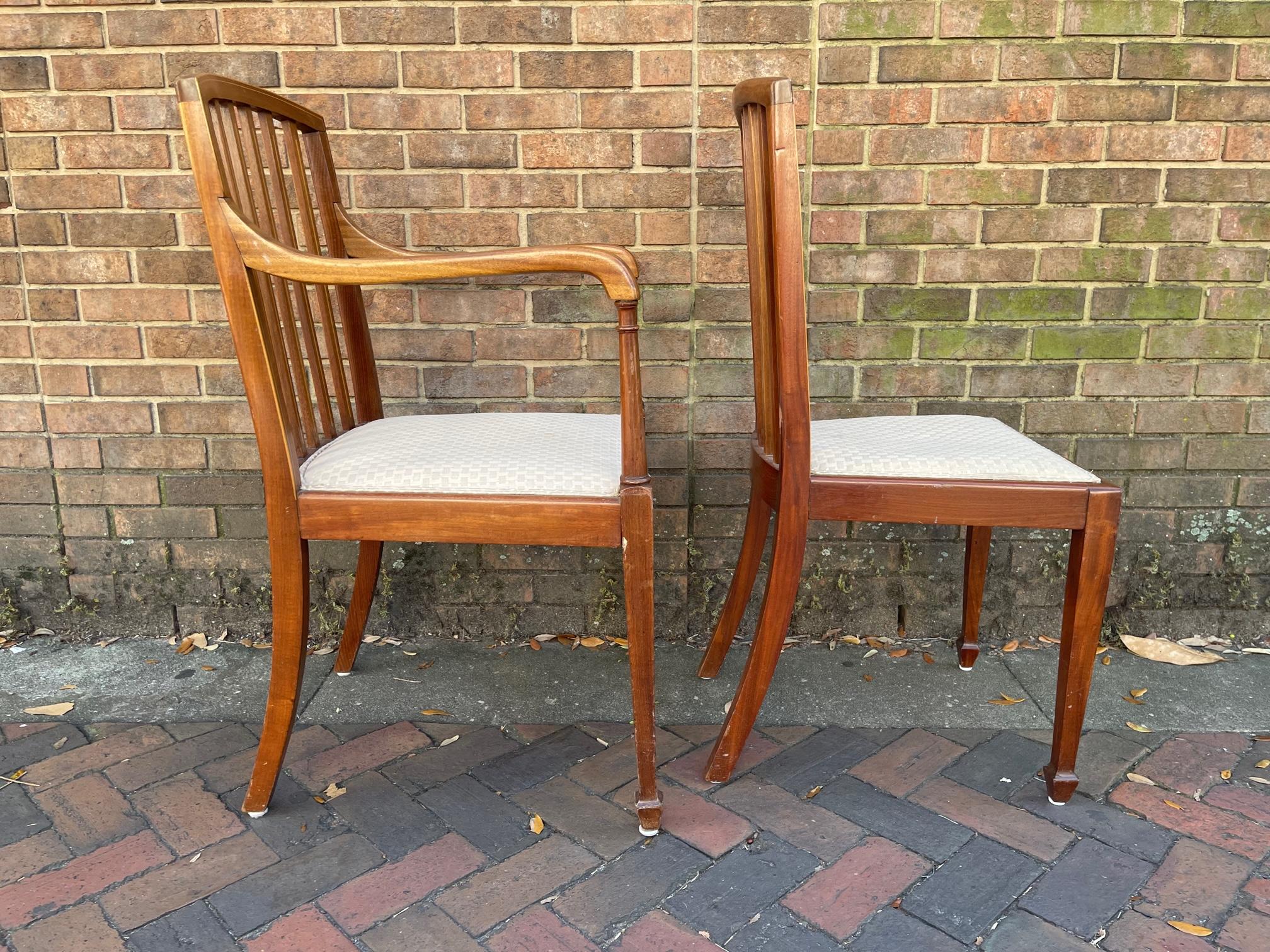 Set of Six Scottish Art Deco dining chairs, Early 20th Century. Set comprised of two arm chairs and four side chairs.

Side chairs - 17.75