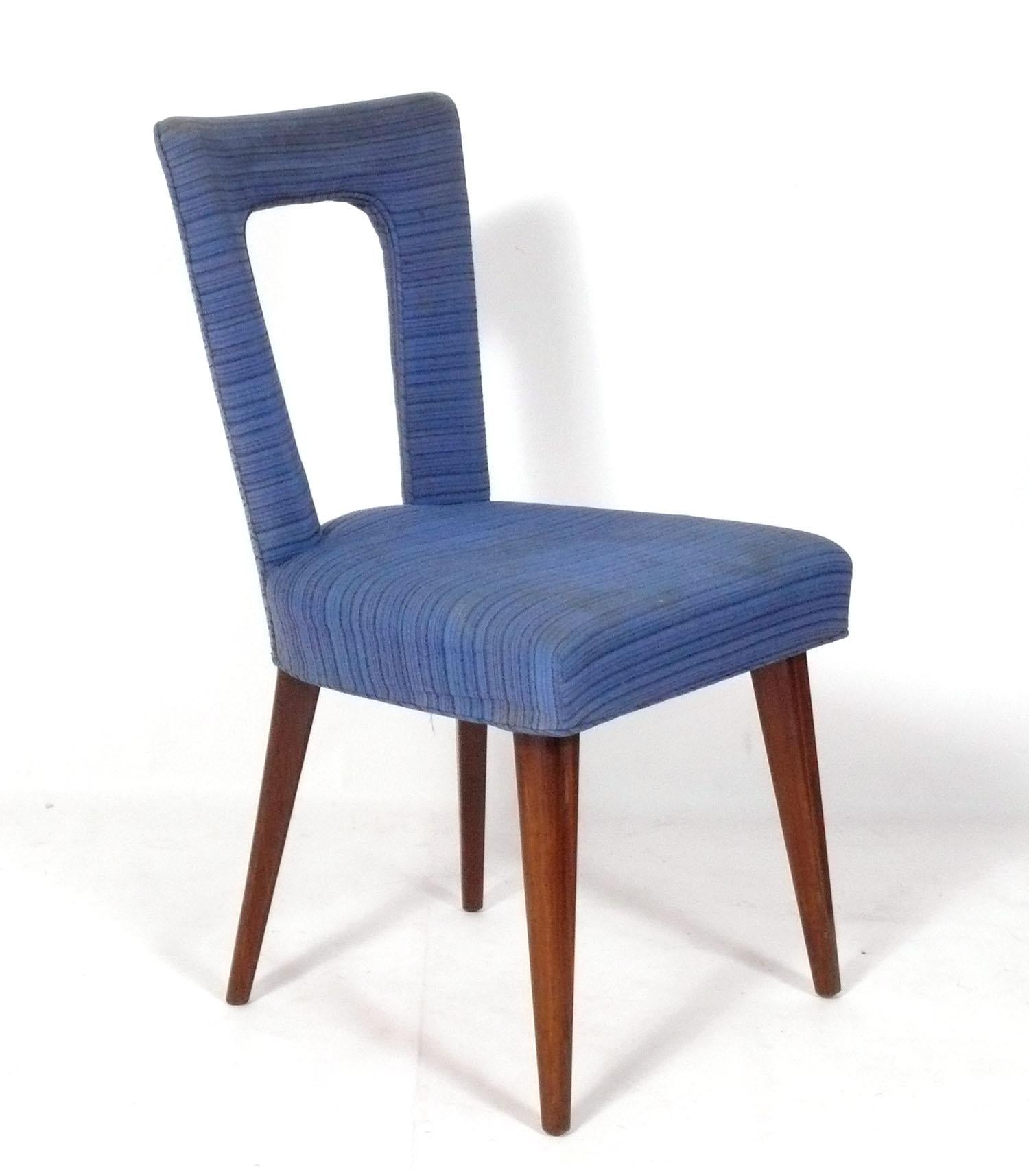 Set of Six Sculptural Italian Dining Chairs, Italy, circa 1960s. These chairs are currently being refinished and reupholstered and can be completed in your choice of wood color finish and reupholstered in your fabric. Simply send us 14 yards of your