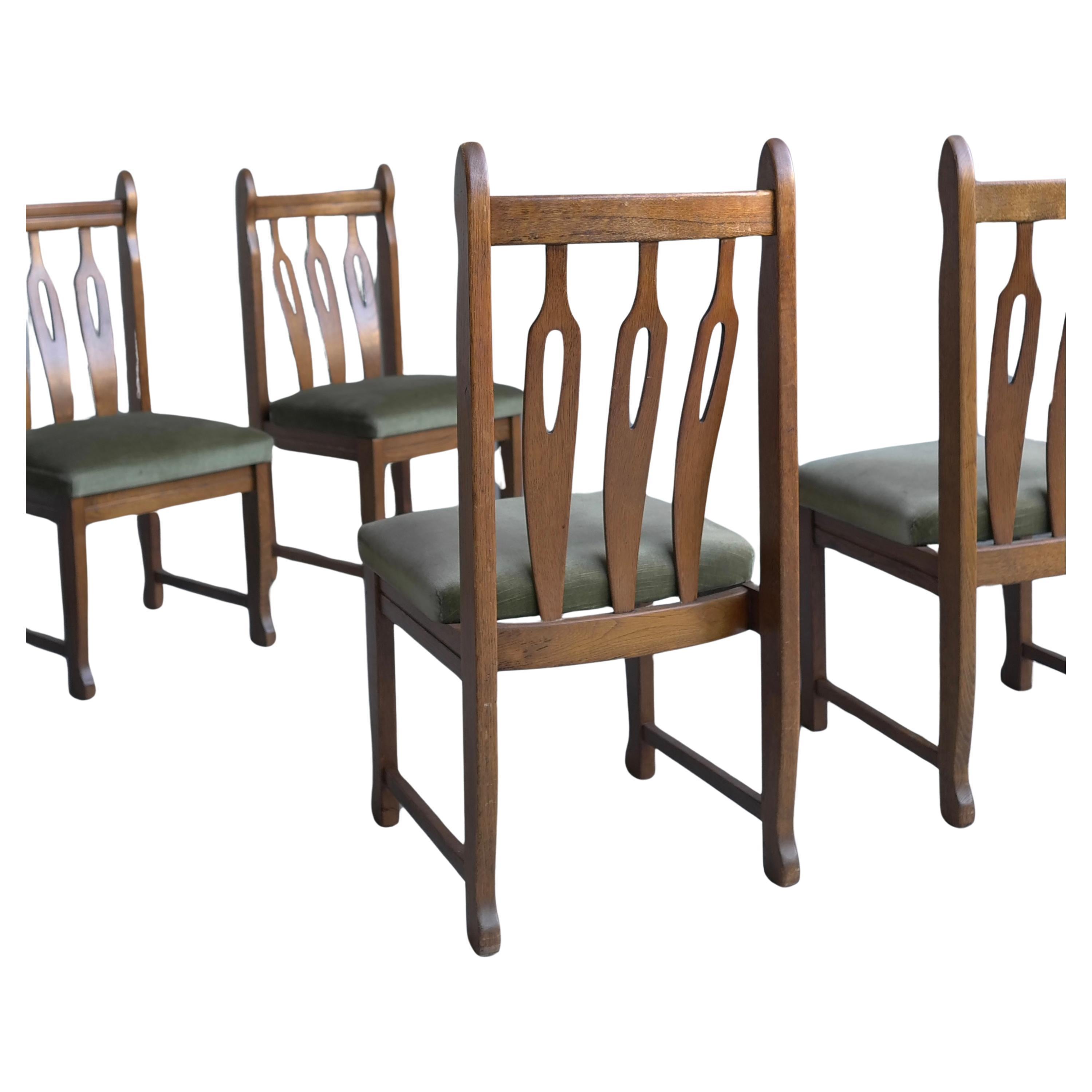 French Set of Six Sculptural solid Oak Dining Chairs in style of Henning Kjærnulf  For Sale