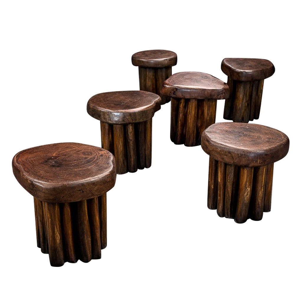 Set of Six Sculptural Stools in Reclaimed Wood, 1970s Brazil For Sale