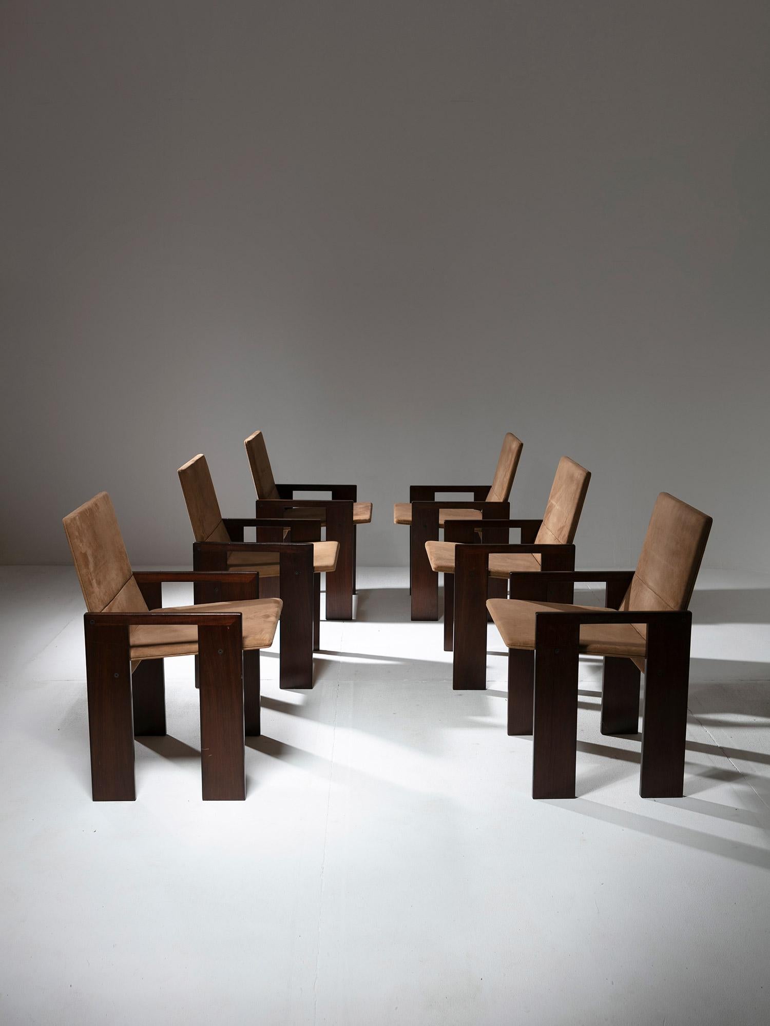 Set of six chairs model SD60 by Marco Zanuso for Poggi.
Variation of the chairs designed in 1963-75 for IBM headquarter office furniture.
Chair is composed by two solid walnut U shaped elements supporting a padded part covered with suede.
