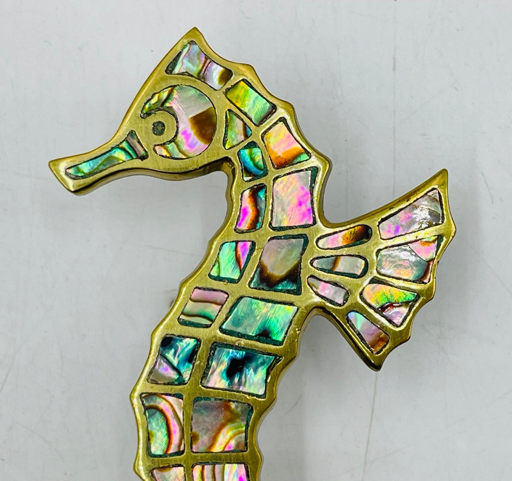 Set of Six Seahorse Shaped Drawer Handles in Brass & Abalone by Peñoles, Mexico For Sale 9