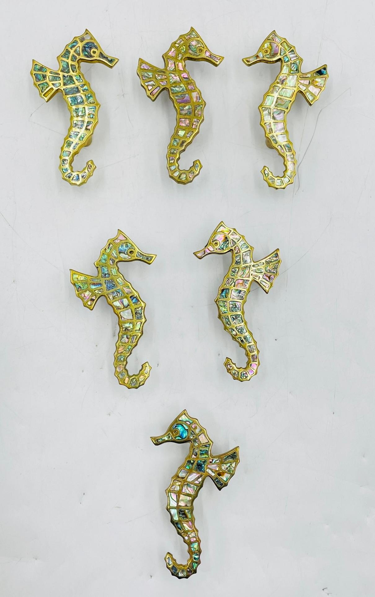 Mid-Century Modern Set of Six Seahorse Shaped Drawer Handles in Brass & Abalone by Peñoles, Mexico For Sale