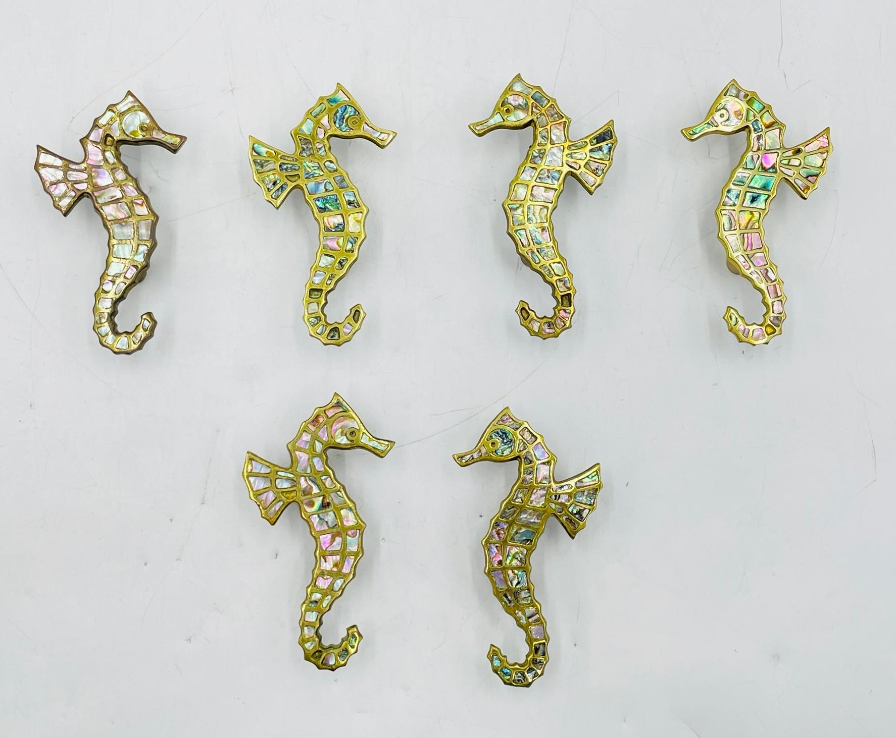 Mexican Set of Six Seahorse Shaped Drawer Handles in Brass & Abalone by Peñoles, Mexico For Sale