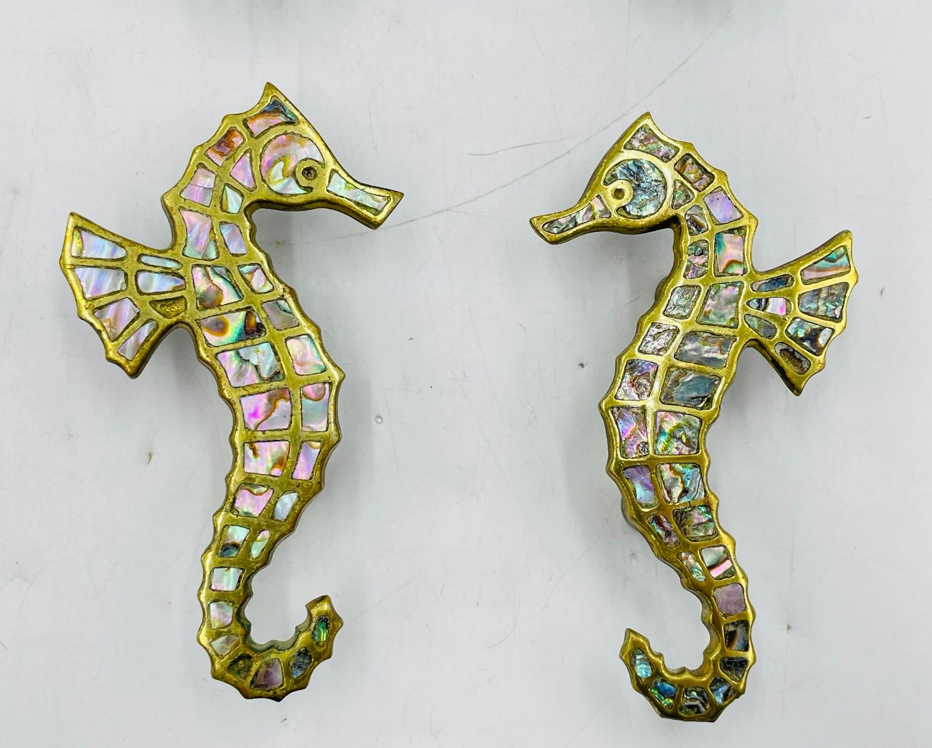 Mid-20th Century Set of Six Seahorse Shaped Drawer Handles in Brass & Abalone by Peñoles, Mexico For Sale