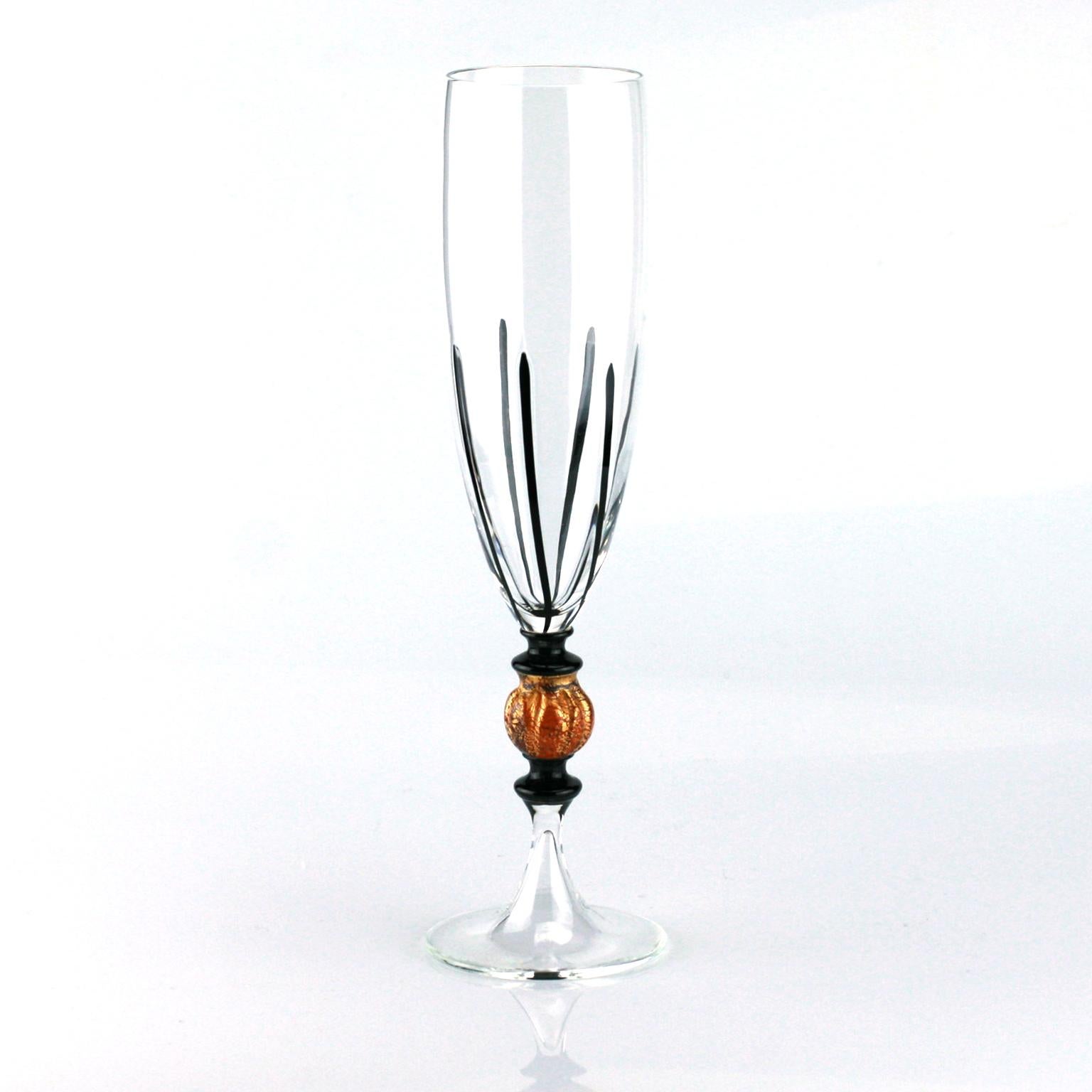 Set of six Seguso Murano glass flute with black canne and amber steam detail.